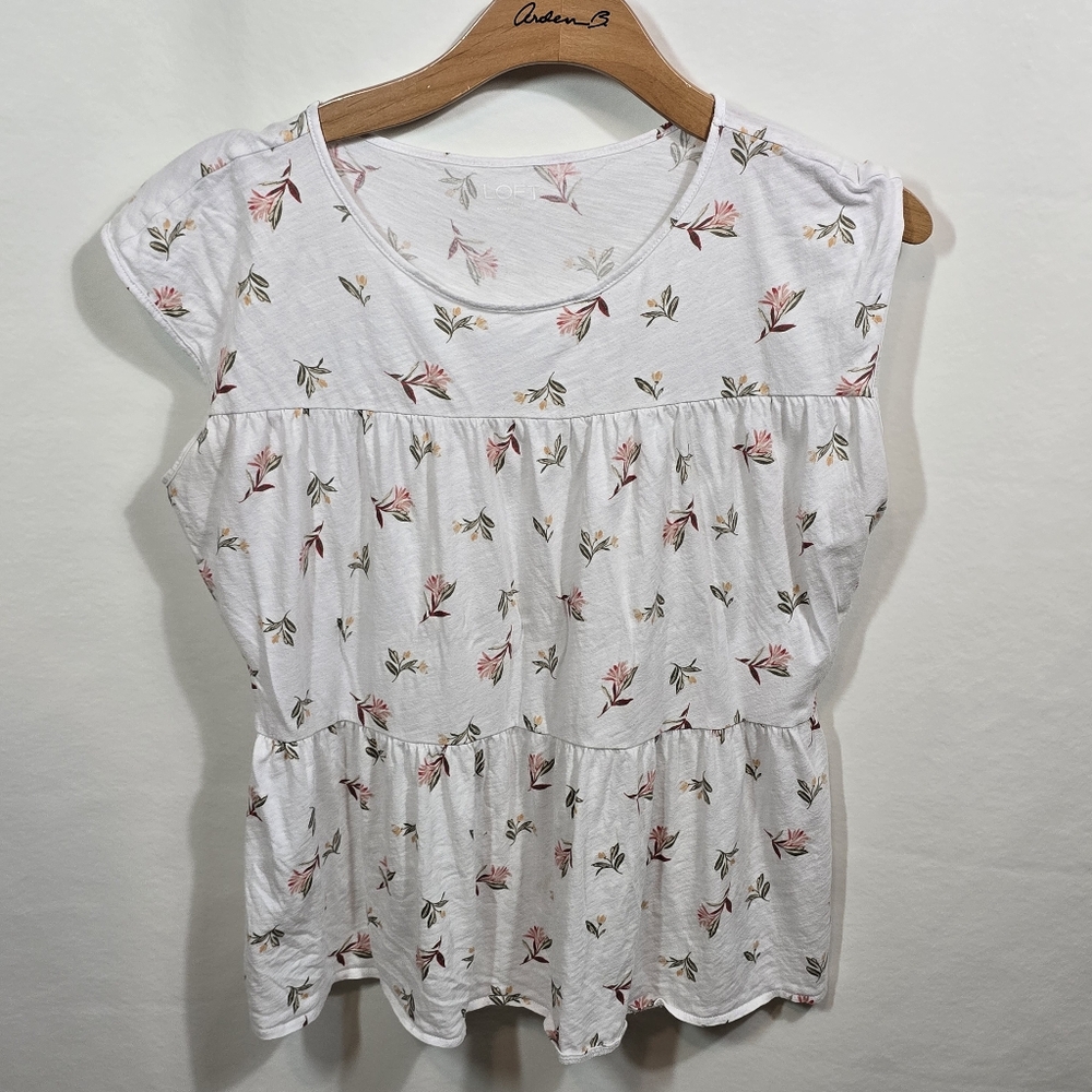 LOFT Floral Tiered Cotton Top Babydoll Cap Sleeves Ladies Small
